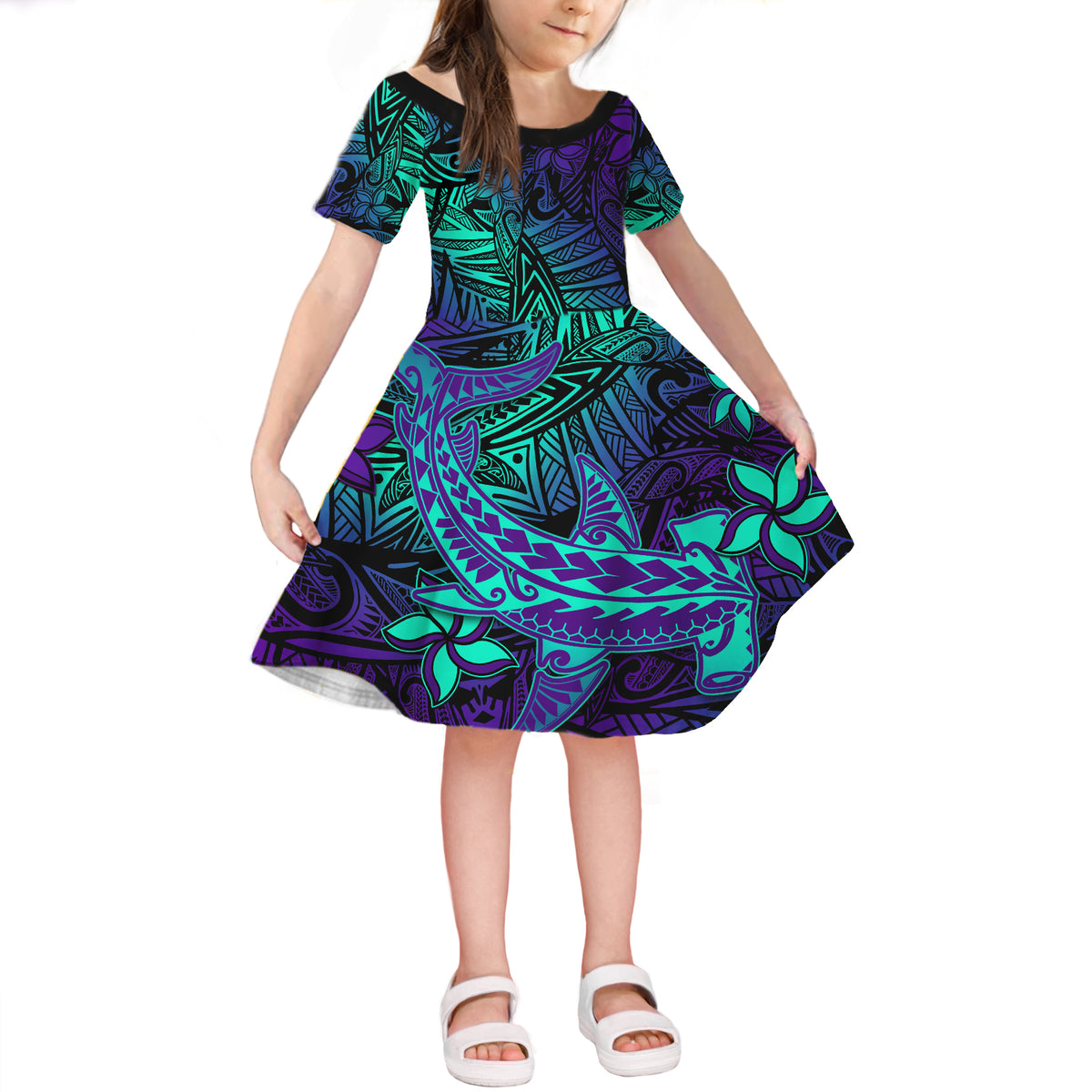 Purple Polynesian Family Matching Outfits Off Shoulder Maxi Dress And Hawaiian Shirt Tribal Hammerhead Shark - Wonder Print Shop