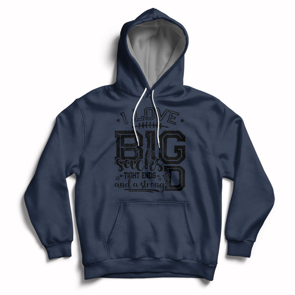 Navy pullover hoodie with front football-themed graphic and kangaroo pocket