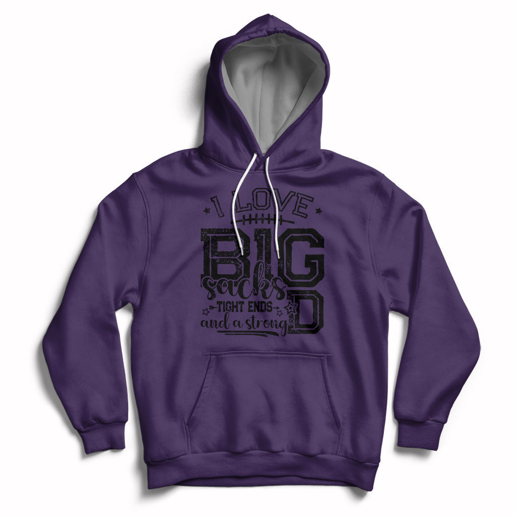 Purple pullover hoodie with front football-themed graphic and kangaroo pocket