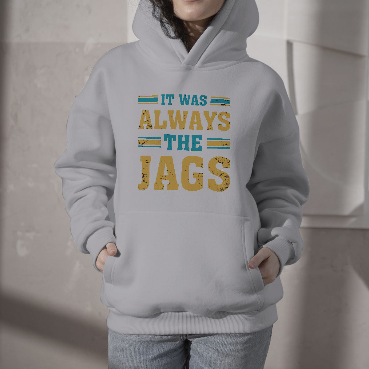 White hoodie with "It was always the Jags" front graphic