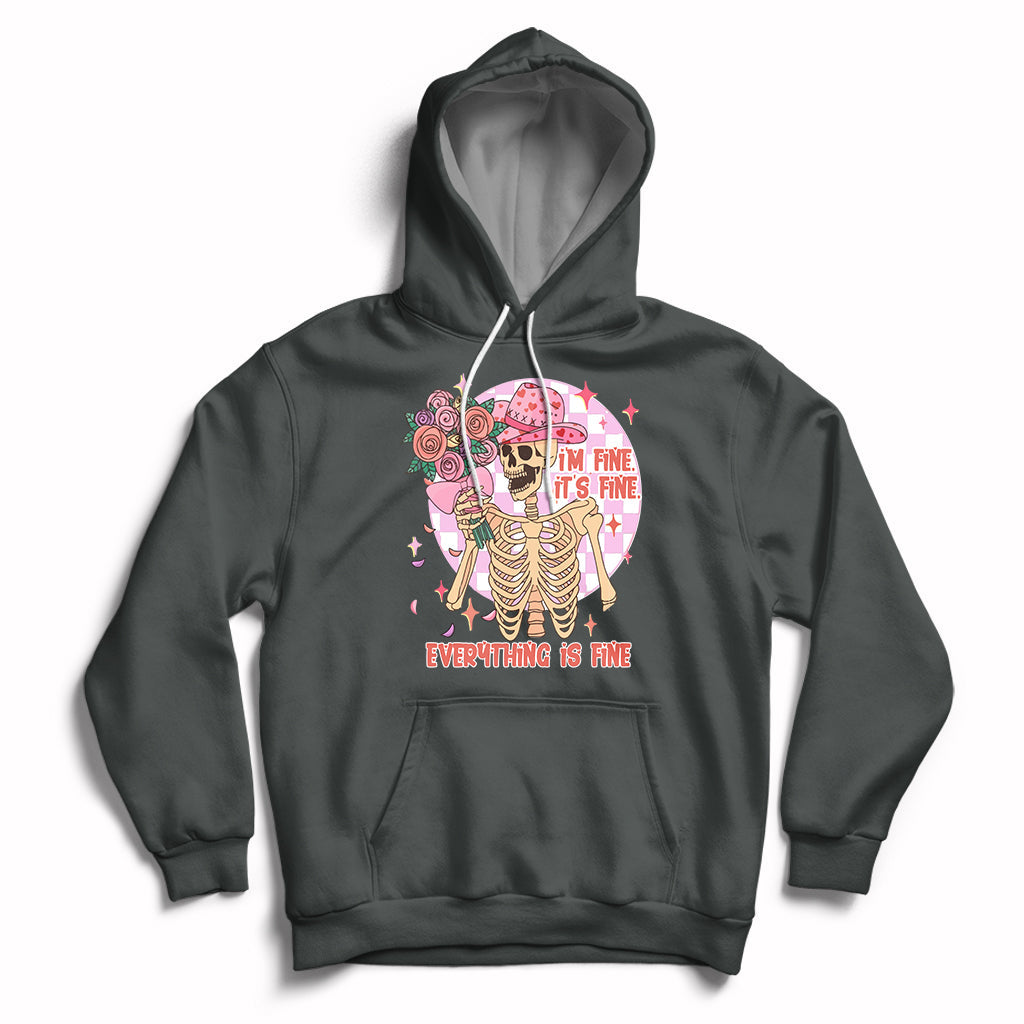 Charcoal gray cowboy hoodie with colorful skeleton, roses, and “EVERYTHING IS FINE” graphic