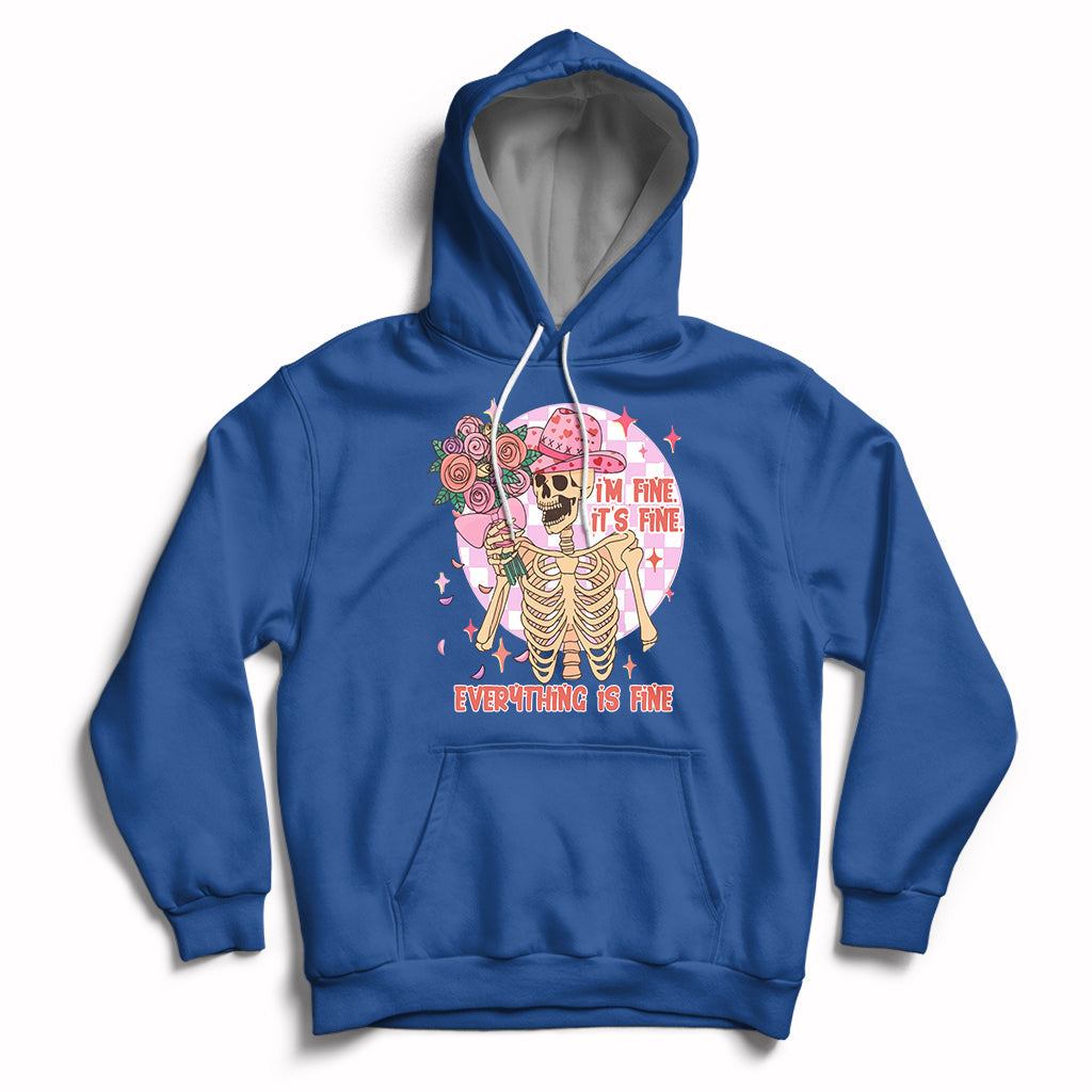 Royal blue cowboy hoodie with colorful skeleton, roses, and “EVERYTHING IS FINE” graphic