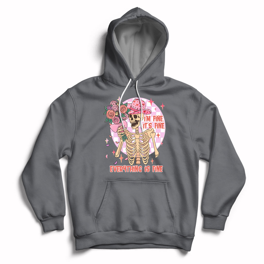 Dark gray cowboy hoodie with colorful skeleton, roses, and “EVERYTHING IS FINE” graphic