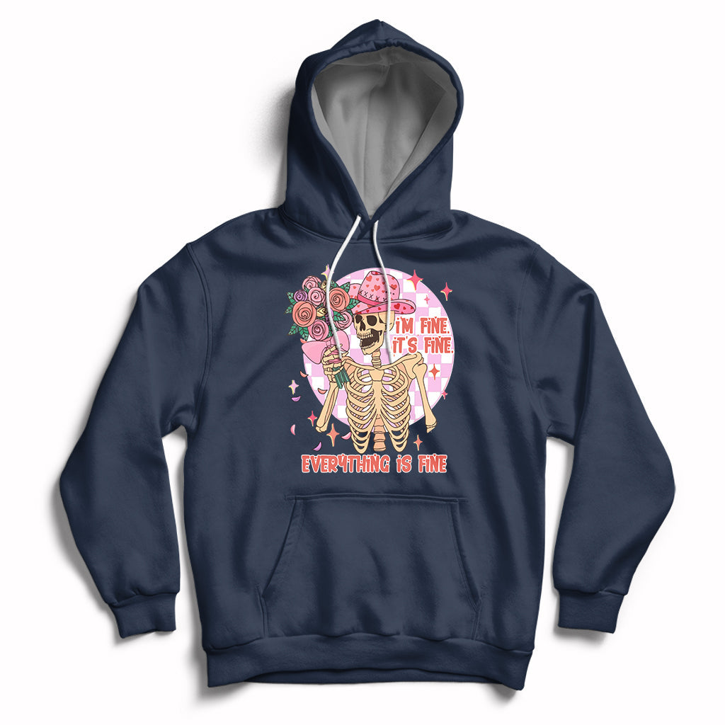 Navy cowboy hoodie with colorful skeleton, roses, and “EVERYTHING IS FINE” graphic