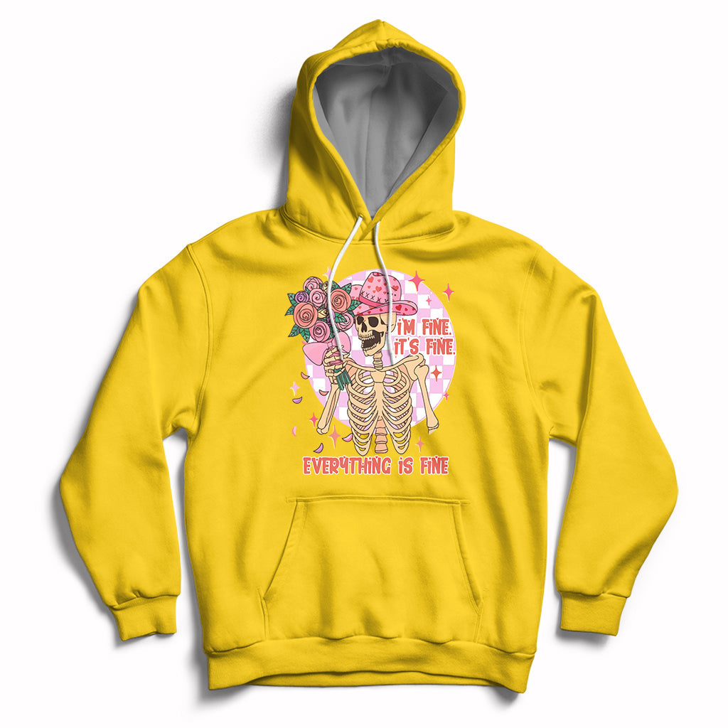 Daisy yellow cowboy hoodie with colorful skeleton, roses, and “EVERYTHING IS FINE” graphic