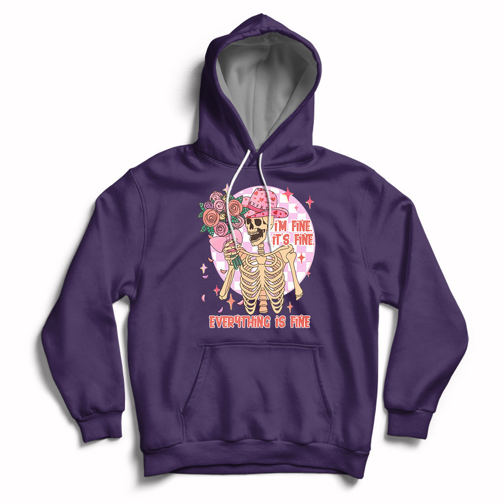 Purple cowboy hoodie with colorful skeleton, roses, and “EVERYTHING IS FINE” graphic