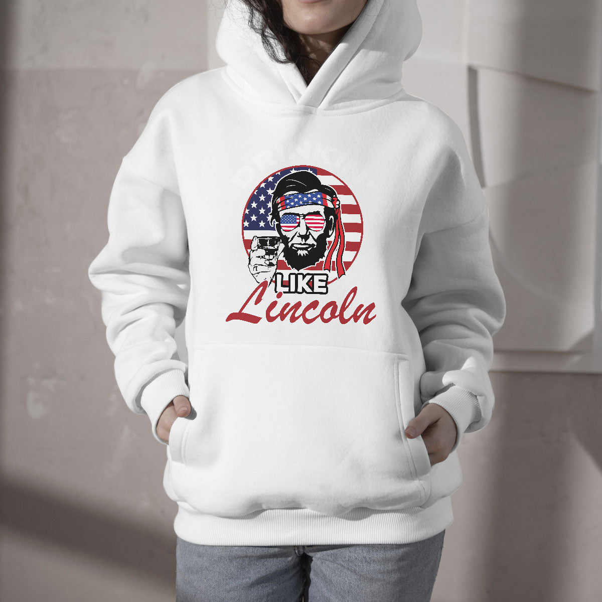 Drinking Like Lincoln 4th of July Men Abraham American Flag Hoodie - Wonder Print Shop