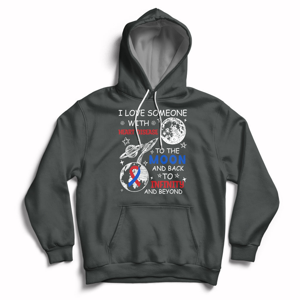 Dark gray zip-front hoodie with heart-themed graphic on chest and back print