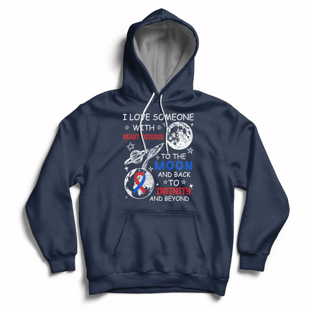 Navy zip-front hoodie with heart-themed graphic on chest and back print
