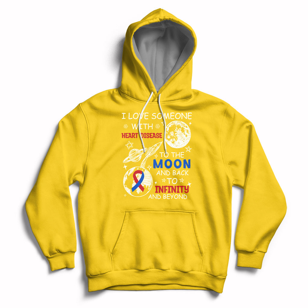 Yellow zip-front hoodie with heart-themed graphic on chest and back print