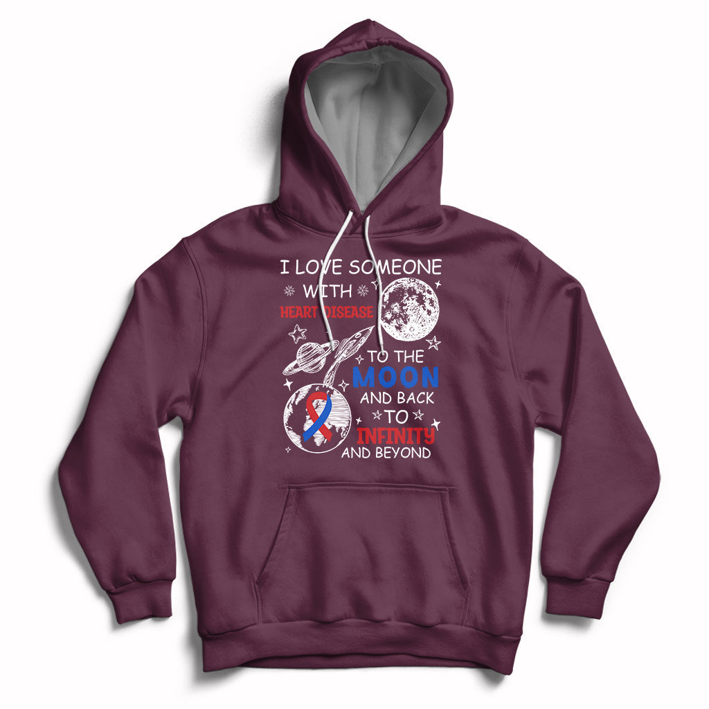 Maroon zip-front hoodie with heart-themed graphic on chest and back print
