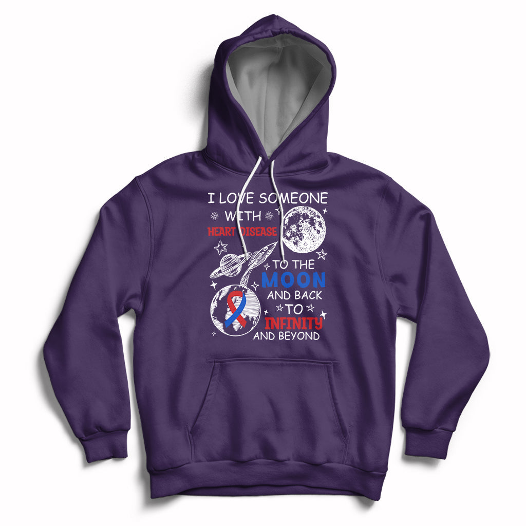 Purple zip-front hoodie with heart-themed graphic on chest and back print