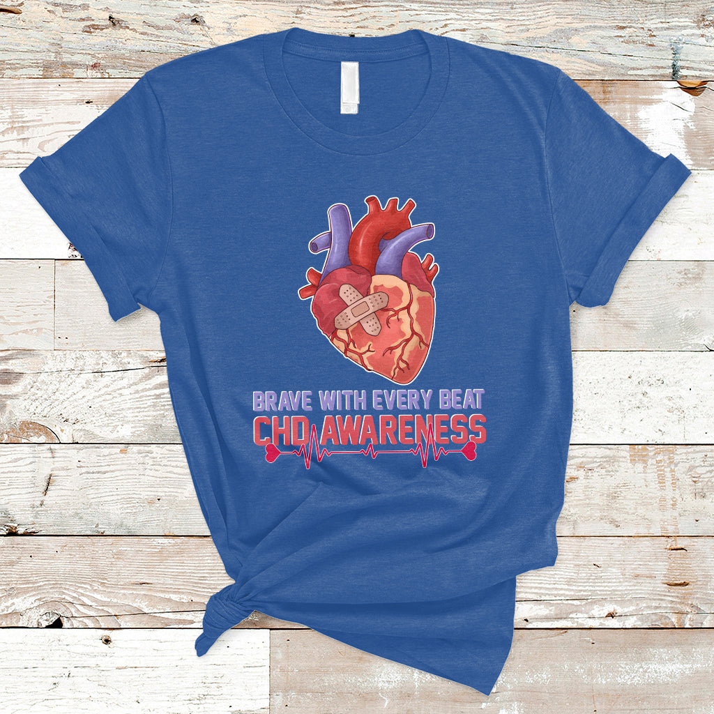 Brave With Every Beat CHD Heart Disease Red And Blue Ribbon T-Shirt - Wonder Print Shop