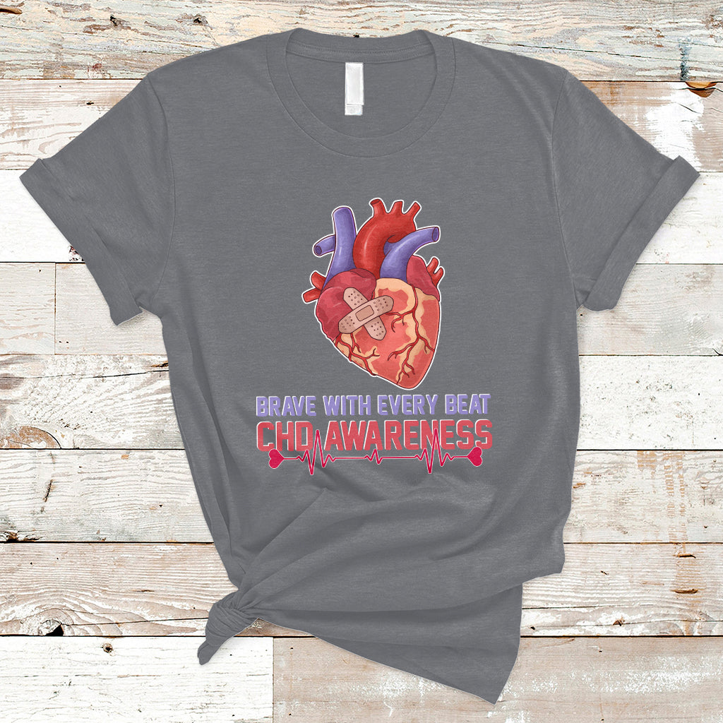 Brave With Every Beat CHD Heart Disease Red And Blue Ribbon T-Shirt - Wonder Print Shop