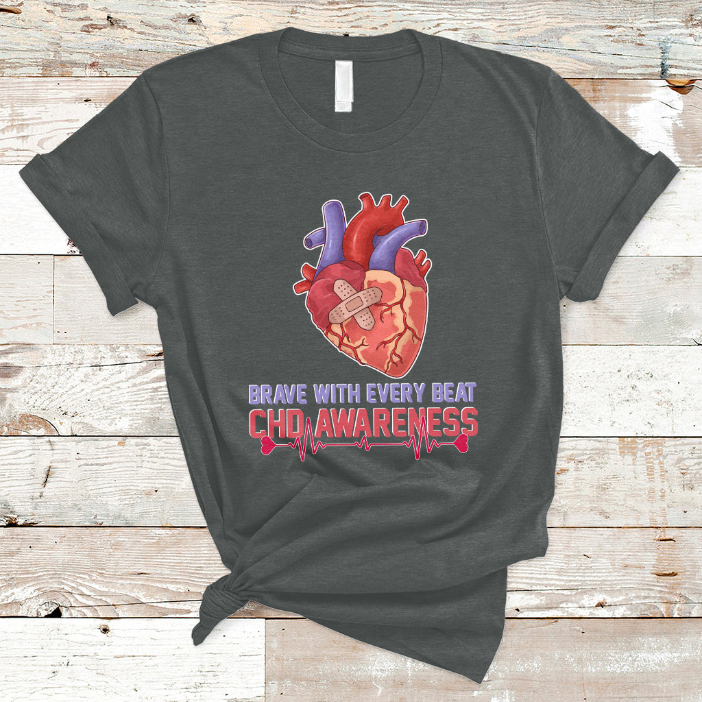 Brave With Every Beat CHD Heart Disease Red And Blue Ribbon T-Shirt - Wonder Print Shop