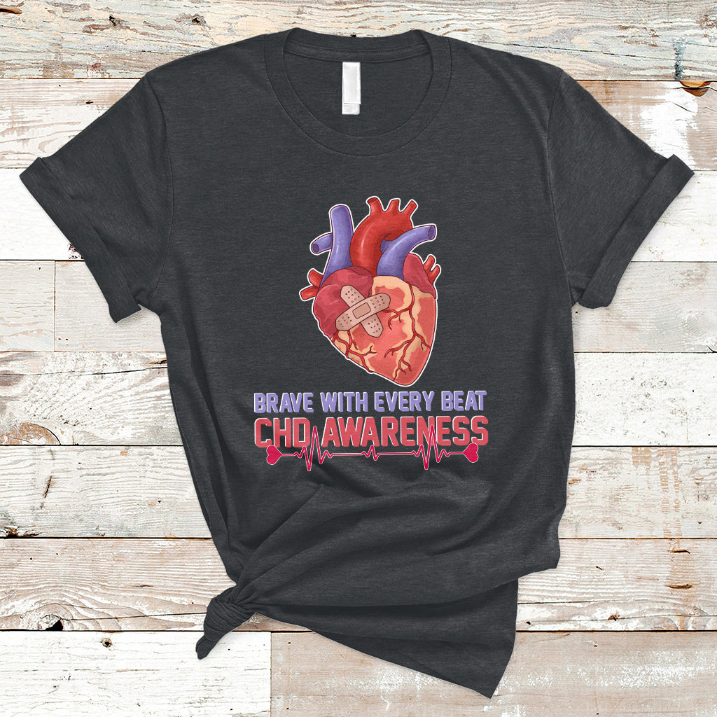 Brave With Every Beat CHD Heart Disease Red And Blue Ribbon T-Shirt - Wonder Print Shop