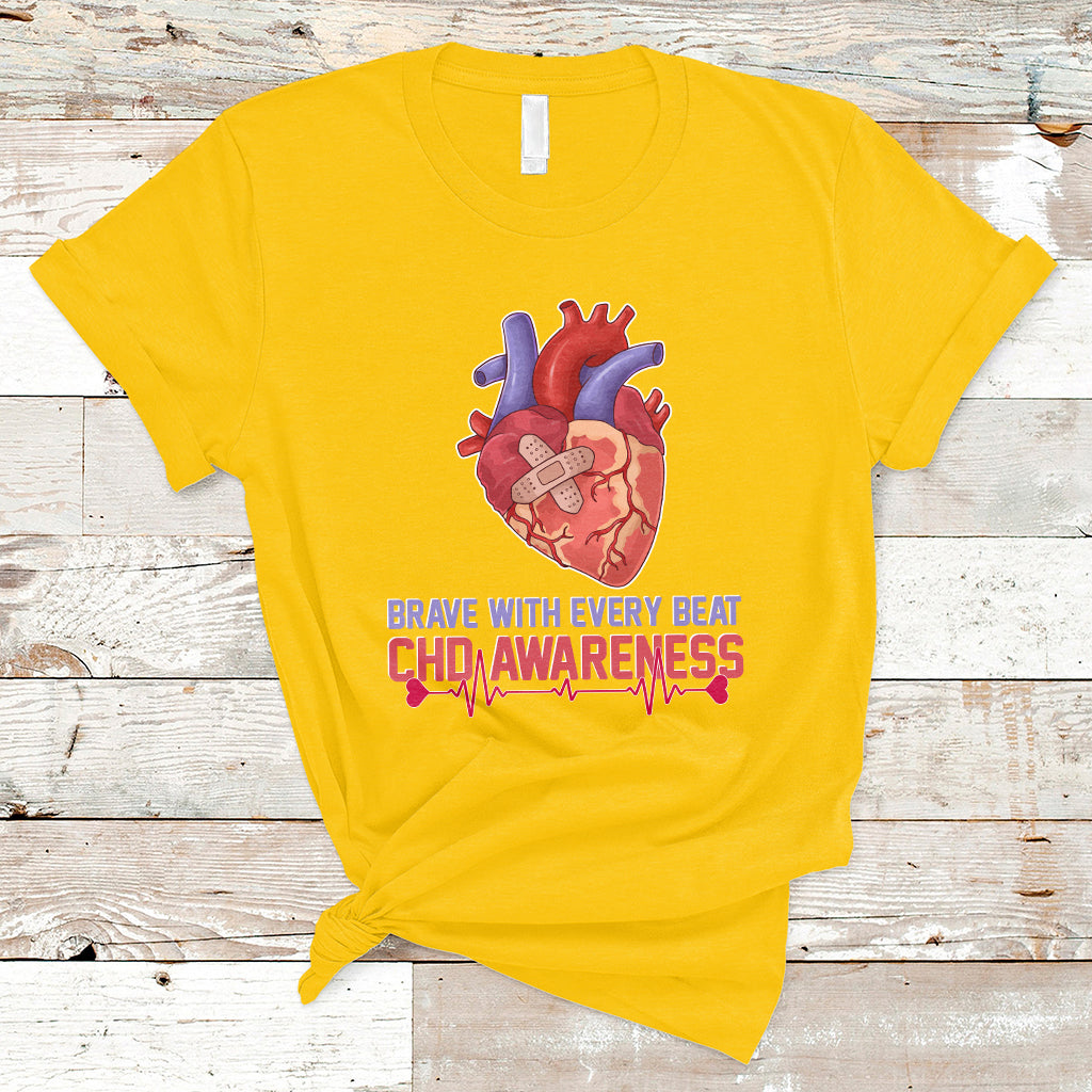 Brave With Every Beat CHD Heart Disease Red And Blue Ribbon T-Shirt - Wonder Print Shop