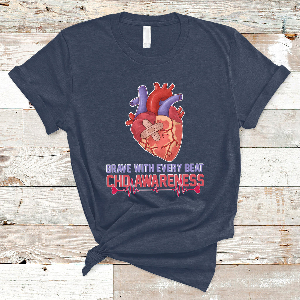 Brave With Every Beat CHD Heart Disease Red And Blue Ribbon T-Shirt - Wonder Print Shop