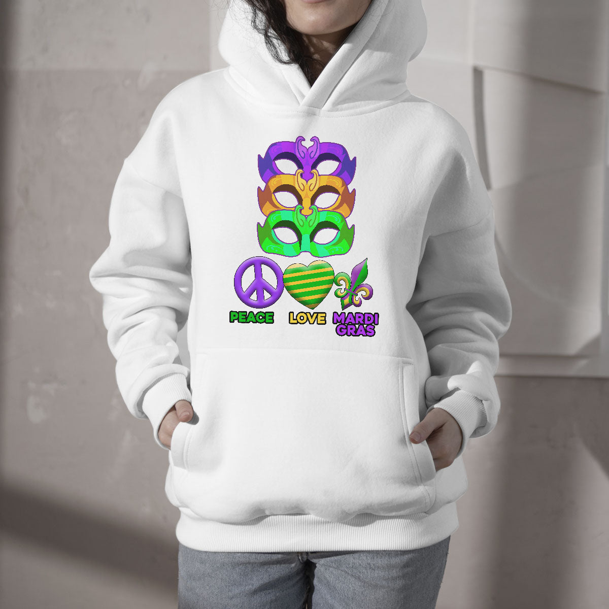 Peace Love Mardi Gras Mardi Gras Costume Carnival Mask Beads And Bling Hoodie - Wonder Print Shop