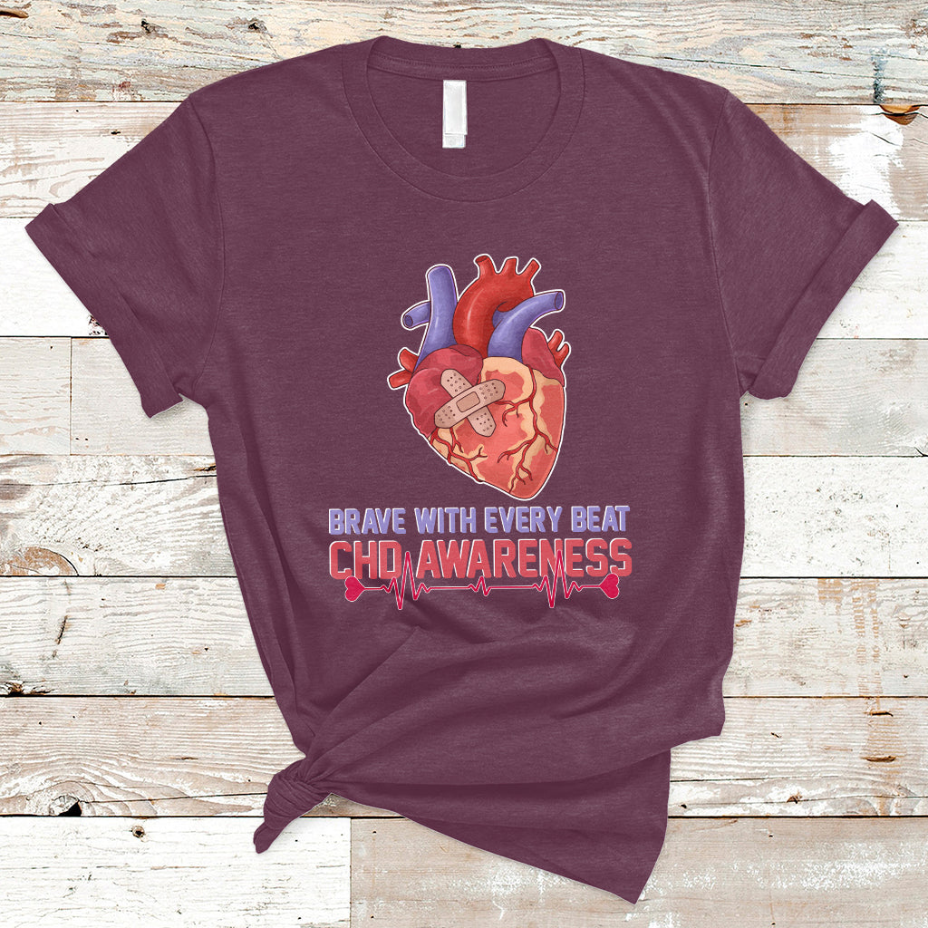 Brave With Every Beat CHD Heart Disease Red And Blue Ribbon T-Shirt - Wonder Print Shop