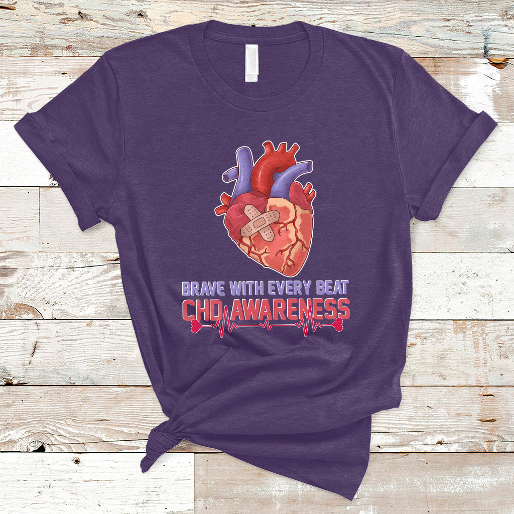 Brave With Every Beat CHD Heart Disease Red And Blue Ribbon T-Shirt - Wonder Print Shop
