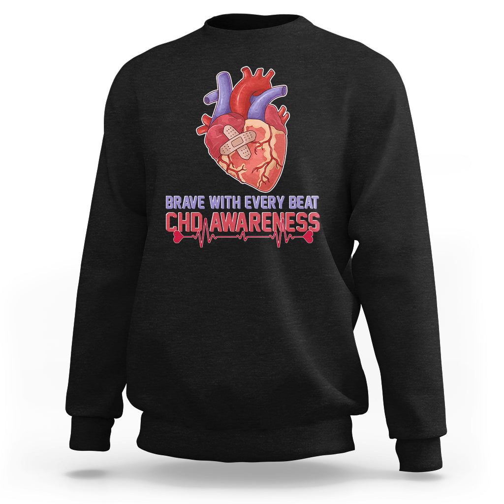 Brave With Every Beat CHD Heart Disease Red And Blue Ribbon Sweatshirt - Wonder Print Shop