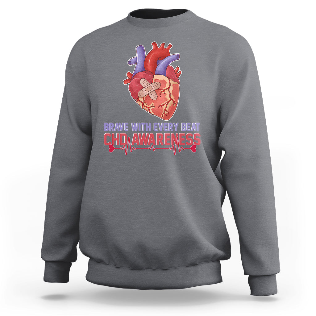 Brave With Every Beat CHD Heart Disease Red And Blue Ribbon Sweatshirt - Wonder Print Shop