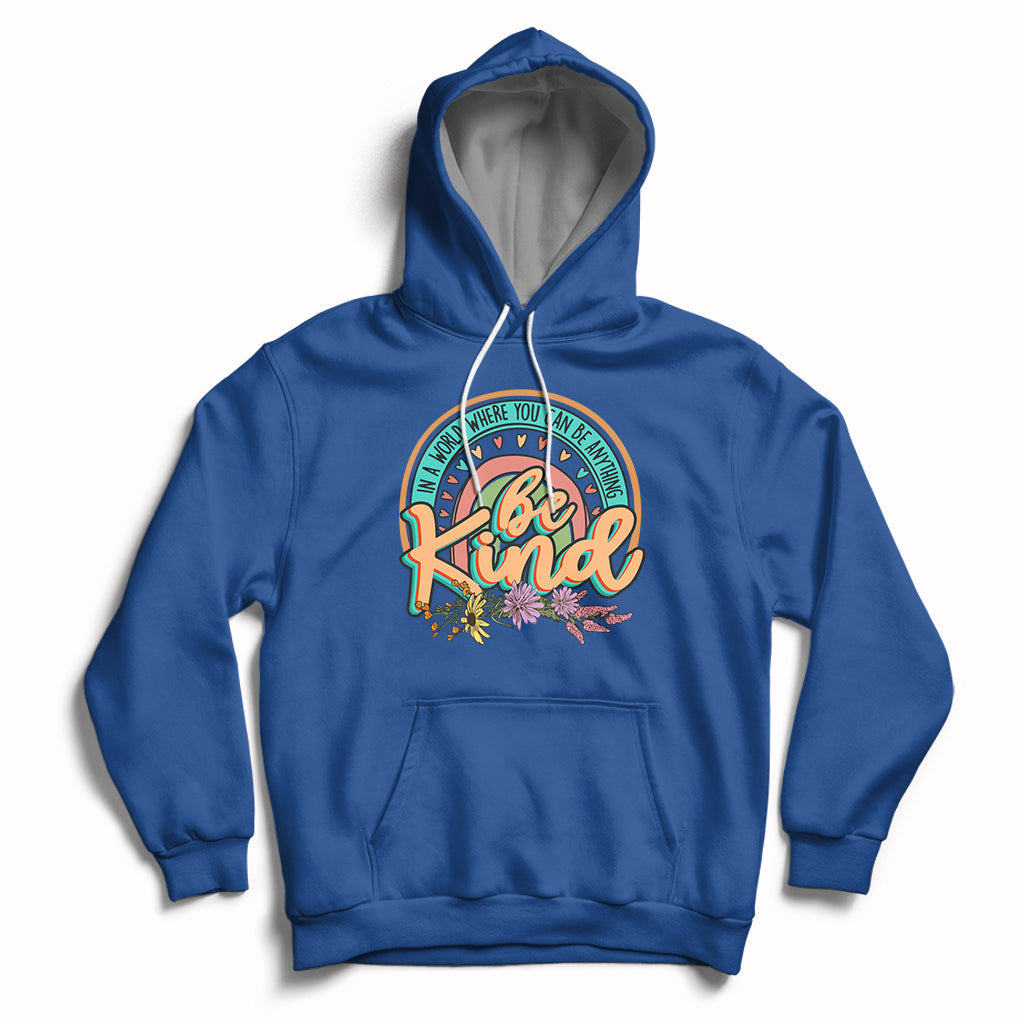 Royal blue kids rainbow graphic hoodie with front pocket and hood drawstrings