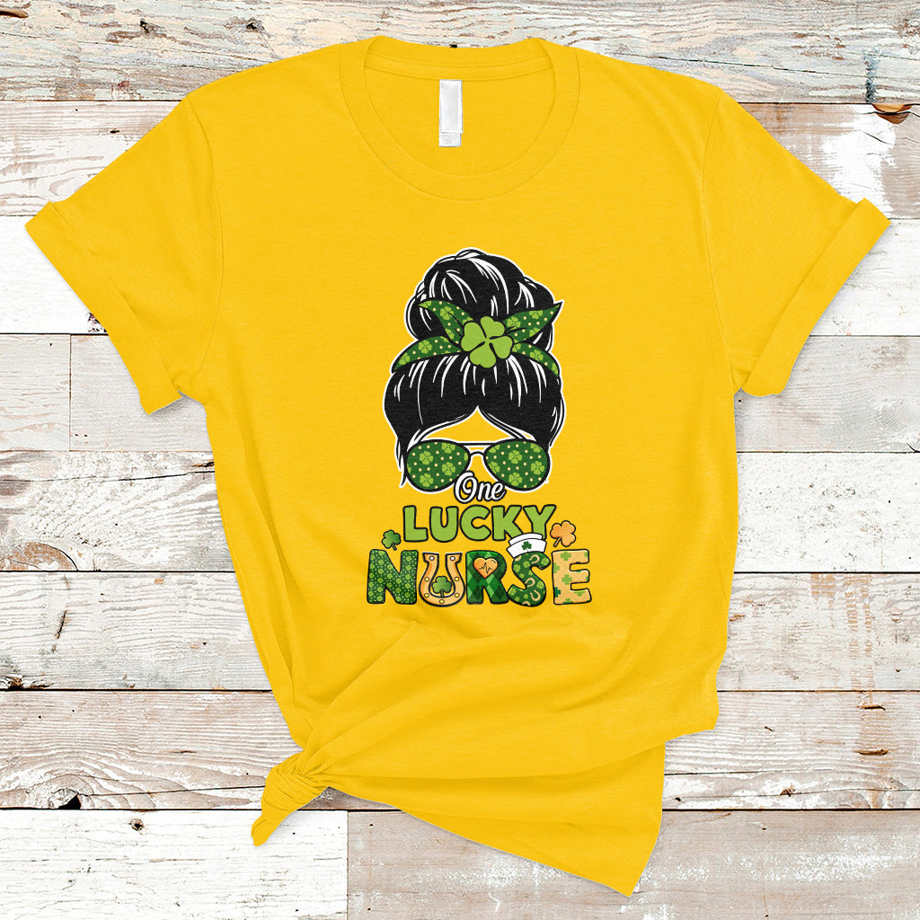 One Lucky Nurse Scrub Life St Patrick's Day Nurses Messy Bun T-Shirt - Wonder Print Shop