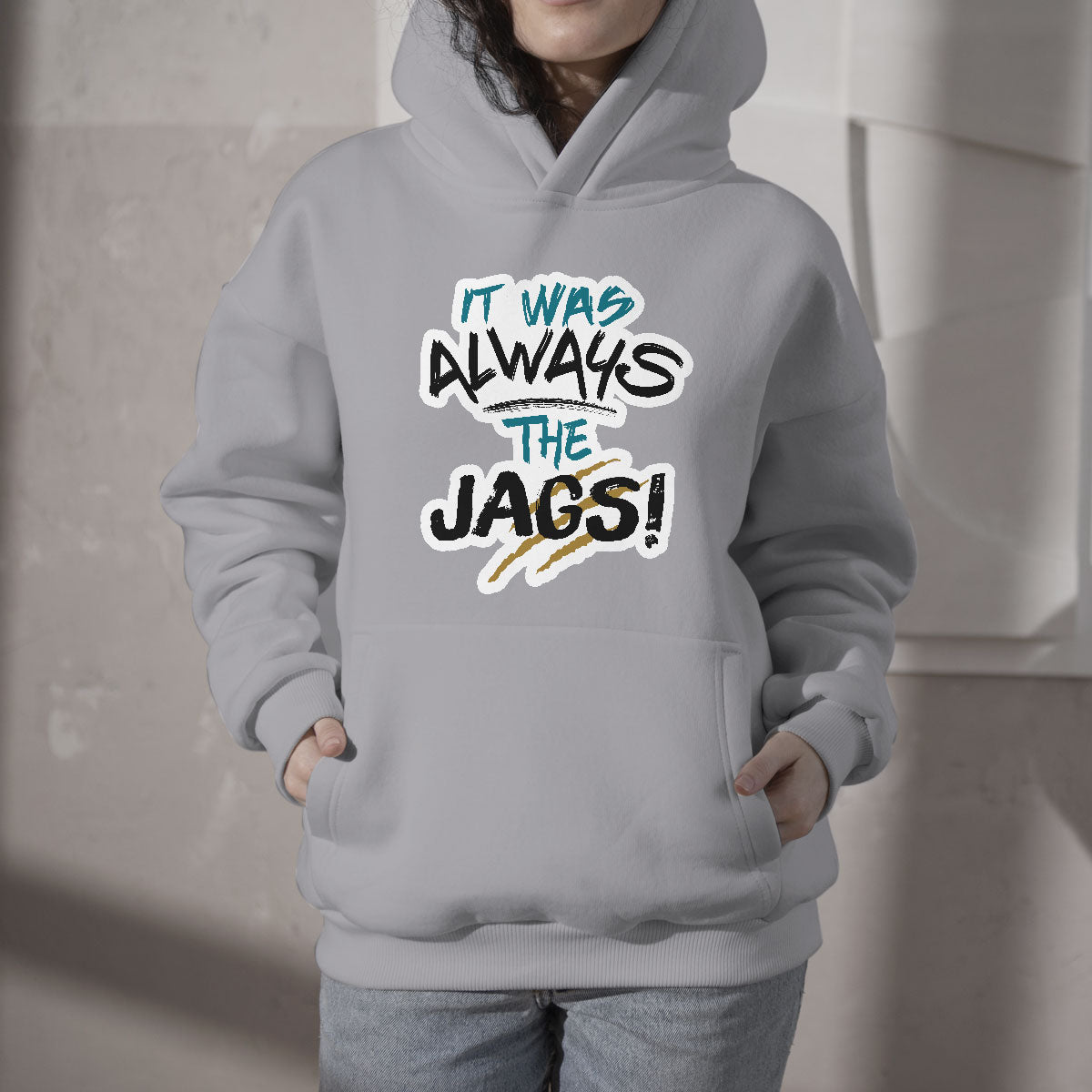 Light gray pullover hoodie with front graphic text and kangaroo pocket