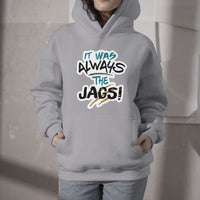 Light gray pullover hoodie with front graphic text and kangaroo pocket