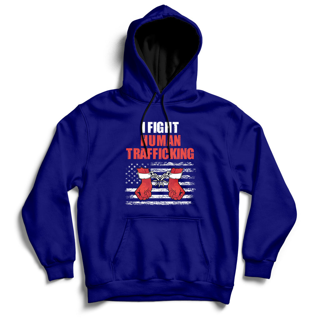 Navy pullover hoodie with 'I FIGHT HUMAN TRAFFICKING' chest graphic and kangaroo pocket