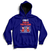 Navy pullover hoodie with 'I FIGHT HUMAN TRAFFICKING' chest graphic and kangaroo pocket