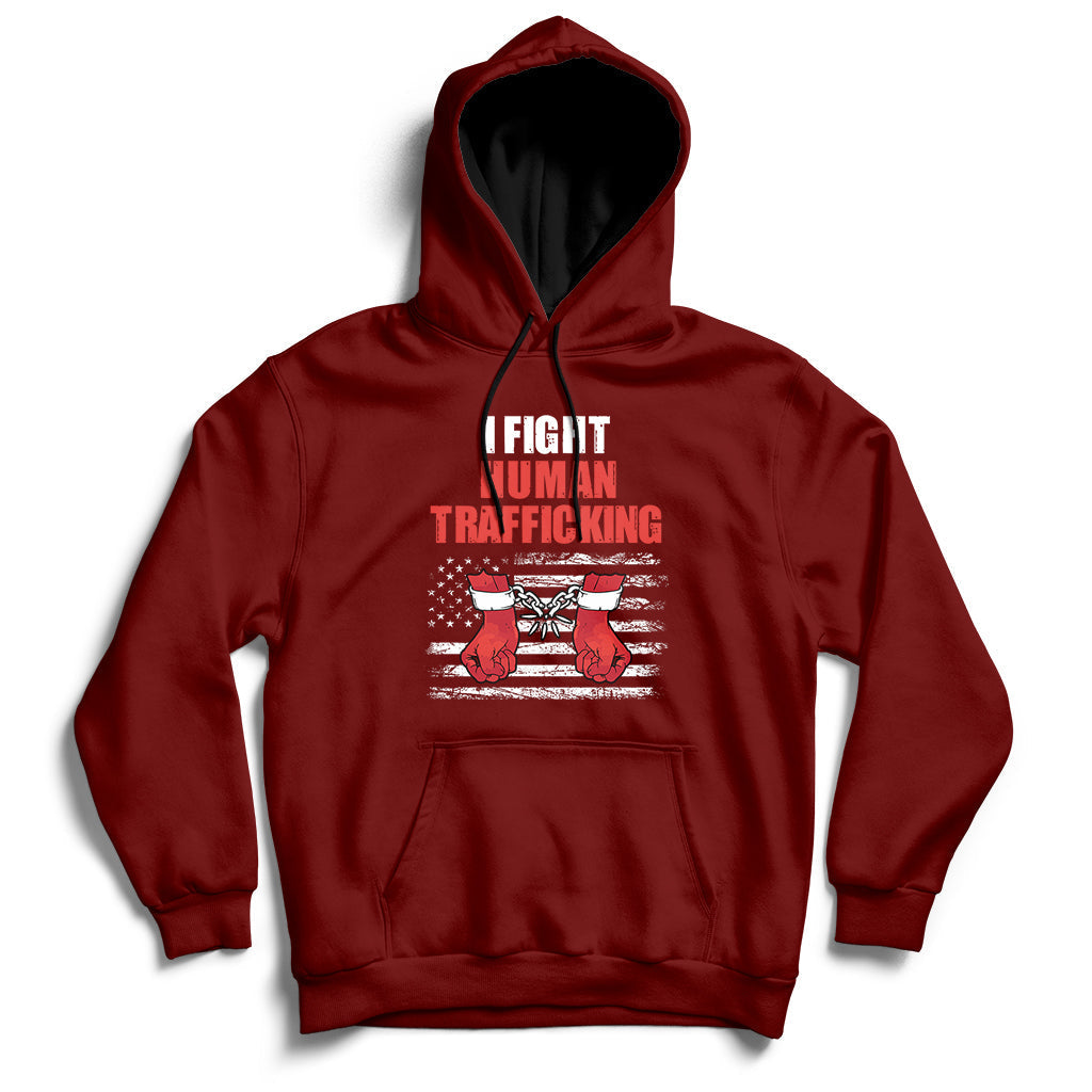 Maroon pullover hoodie with 'I FIGHT HUMAN TRAFFICKING' chest graphic and kangaroo pocket