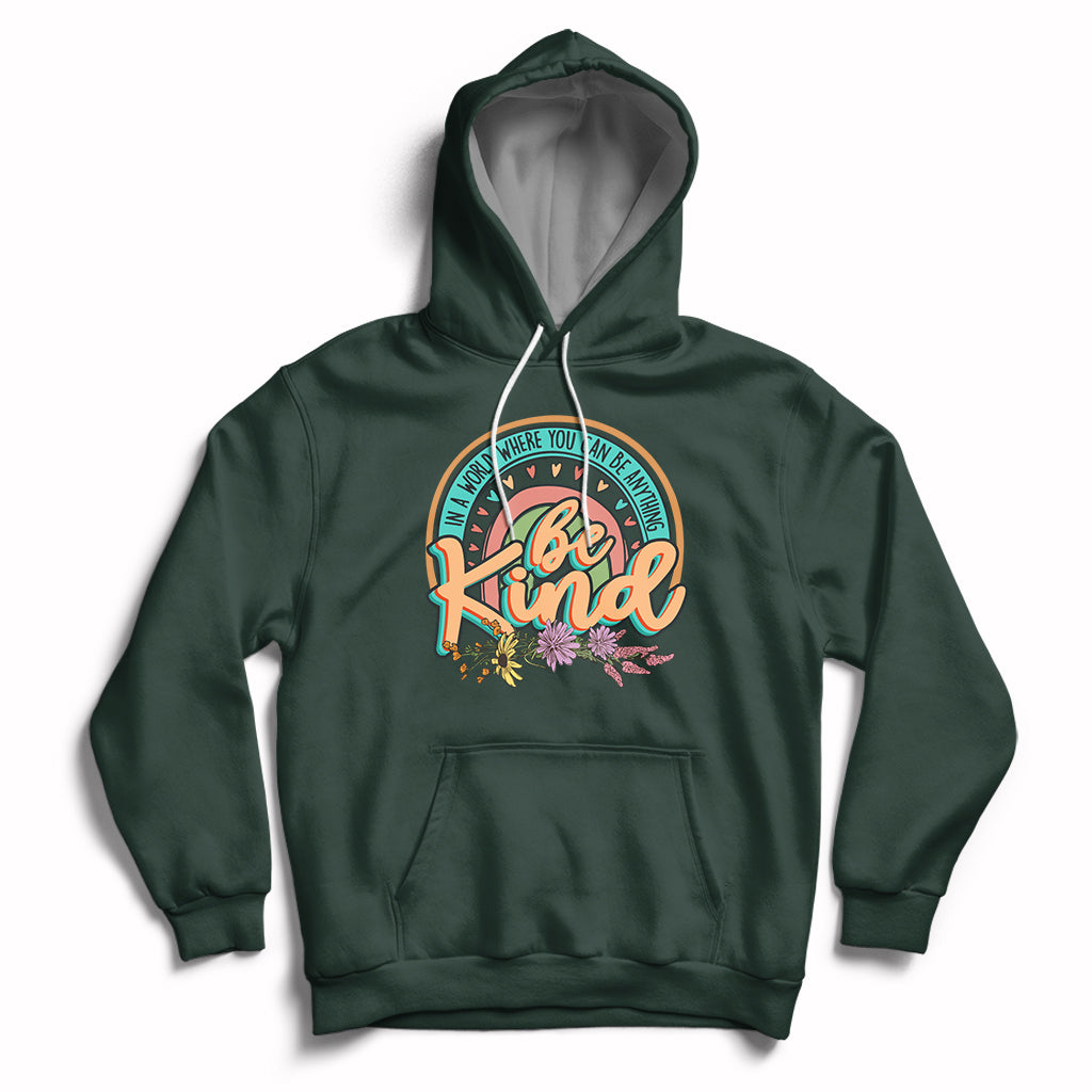 Forest green kids rainbow graphic hoodie with front pocket and hood drawstrings