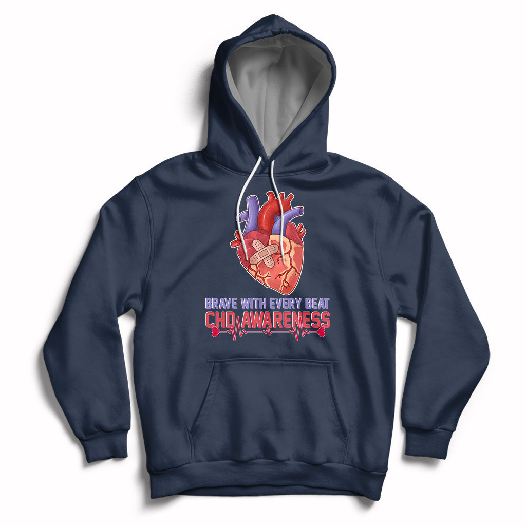 Brave With Every Beat CHD Heart Disease Red And Blue Ribbon Hoodie - Wonder Print Shop