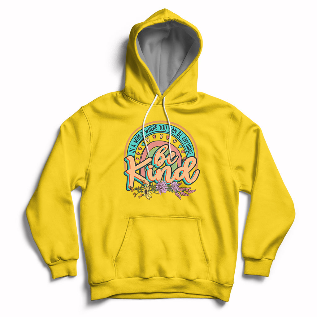 Daisy yellow kids rainbow graphic hoodie with front pocket and hood drawstrings
