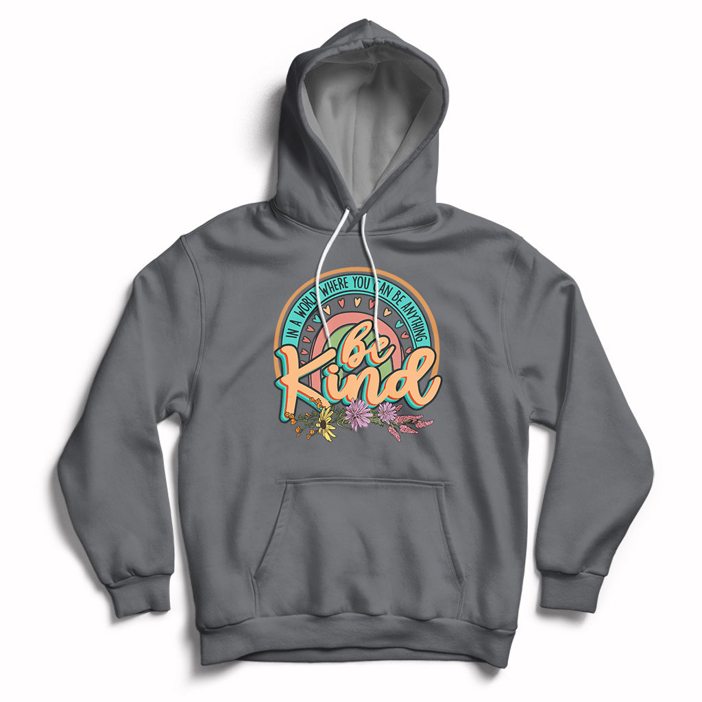 Charcoal gray kids rainbow graphic hoodie with front pocket and hood drawstrings