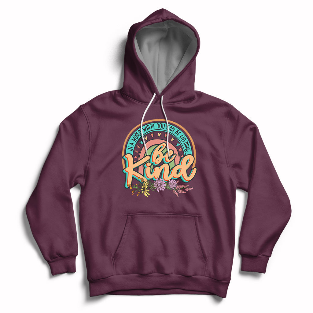 Maroon kids rainbow graphic hoodie with front pocket and hood drawstrings