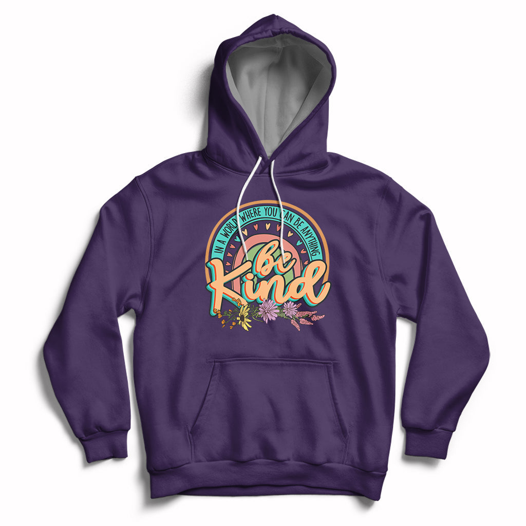 Purple kids rainbow graphic hoodie with front pocket and hood drawstrings