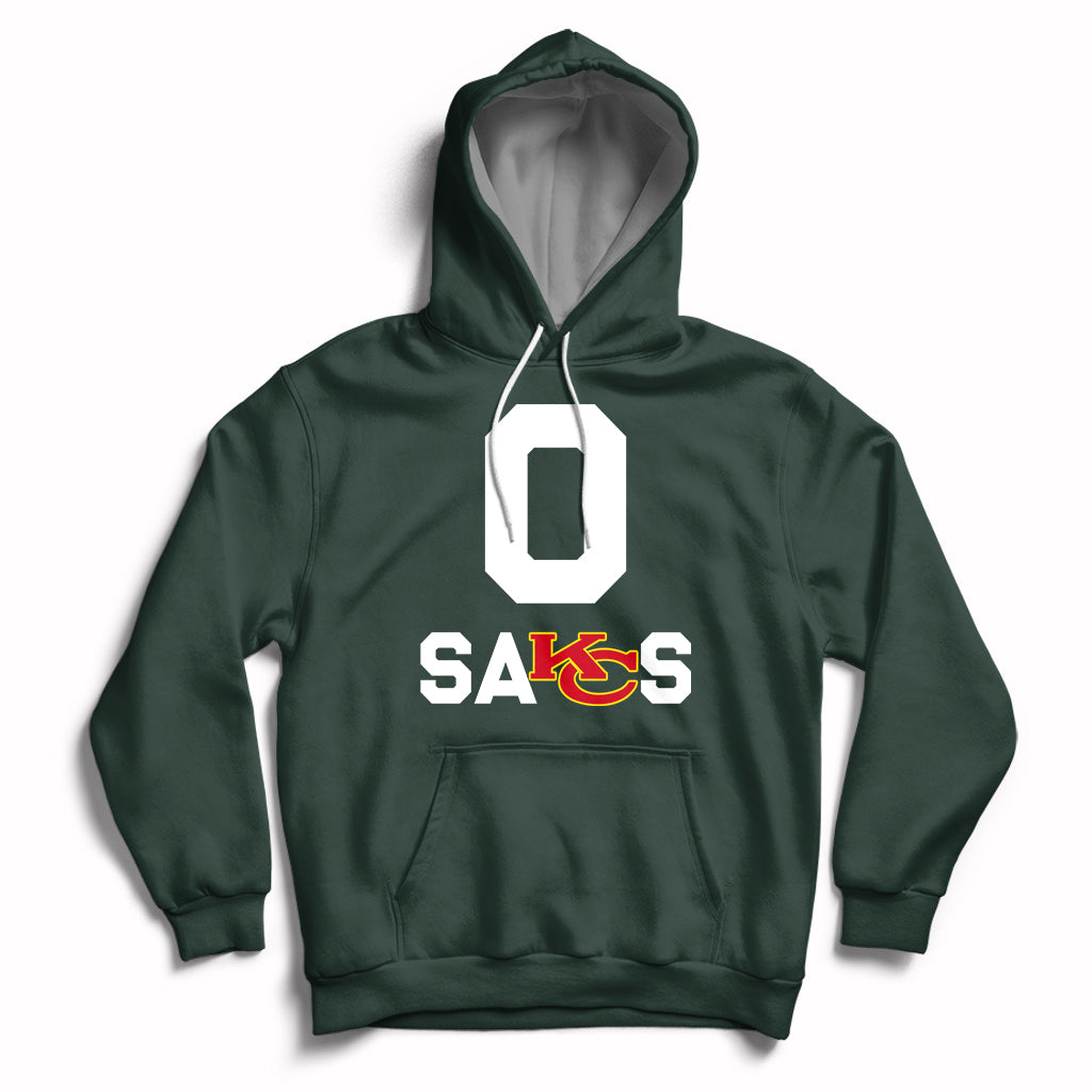 Forest green pullover hoodie with front “SAKS” graphic and hood with drawstring.