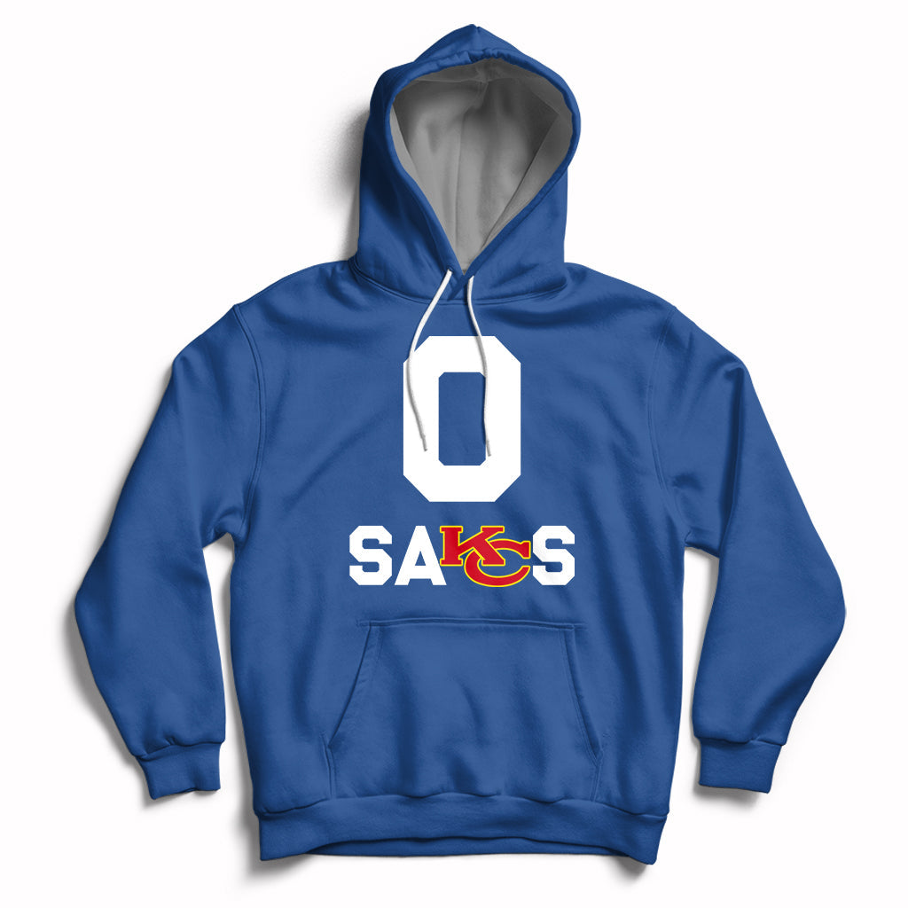 Royal blue pullover hoodie with front “SAKS” graphic and hood with drawstring.