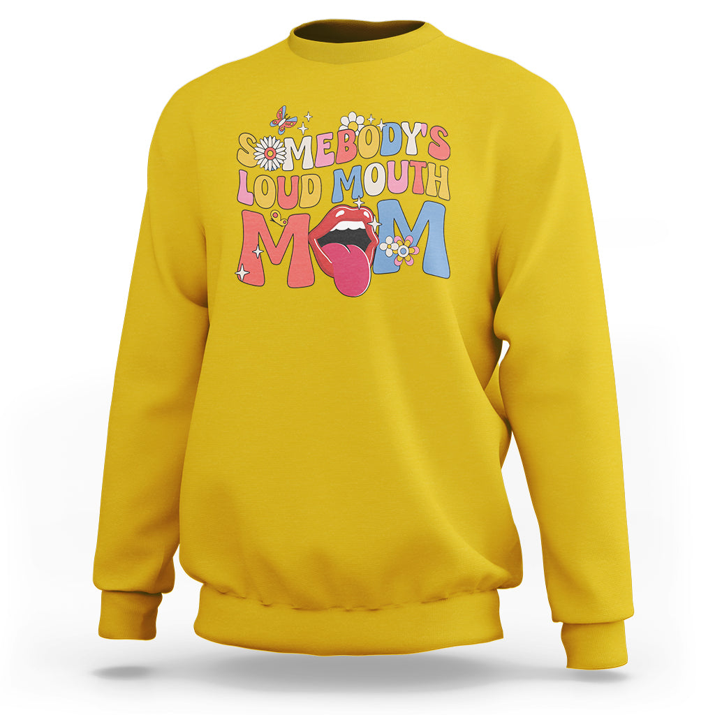 Daisy yellow graphic crewneck sweatshirt with colorful 'Loud Mouth Mom' mouth design