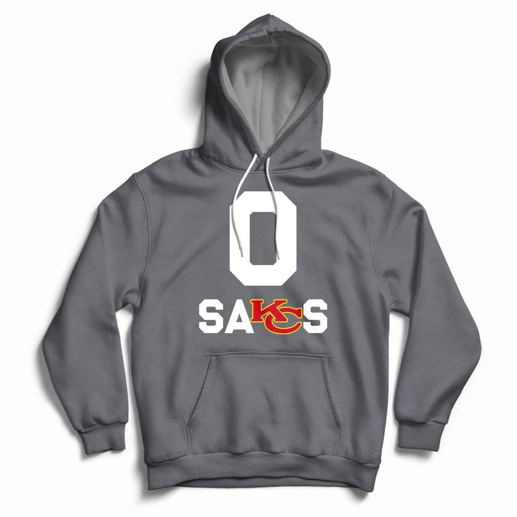 Charcoal gray pullover hoodie with front “SAKS” graphic and hood with drawstring.