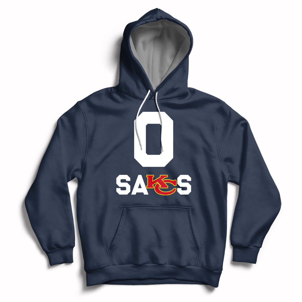 Navy pullover hoodie with front “SAKS” graphic and hood with drawstring.
