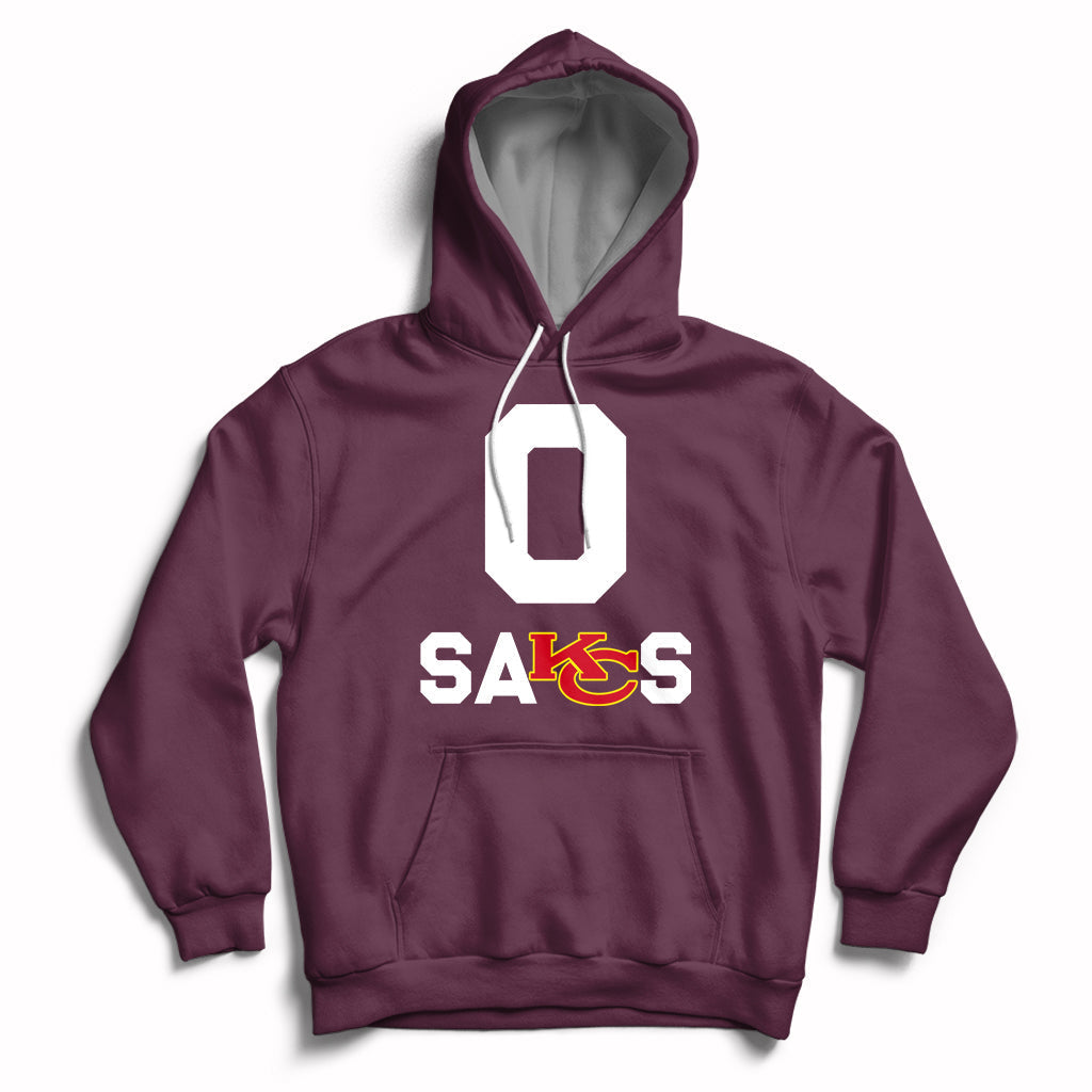 Maroon pullover hoodie with front “SAKS” graphic and hood with drawstring.