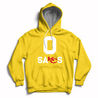 Daisy yellow pullover hoodie with front “SAKS” graphic and hood with drawstring.