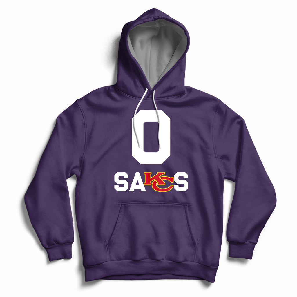 Purple pullover hoodie with front “SAKS” graphic and hood with drawstring.