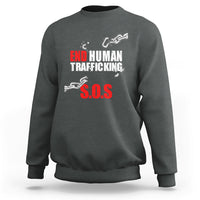 Dark heather gray crewneck sweatshirt with 'END HUMAN TRAFFICKING' and red 'S.O.S.' graphic