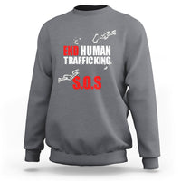 Heather gray crewneck sweatshirt with 'END HUMAN TRAFFICKING' text and red 'S.O.S.' print